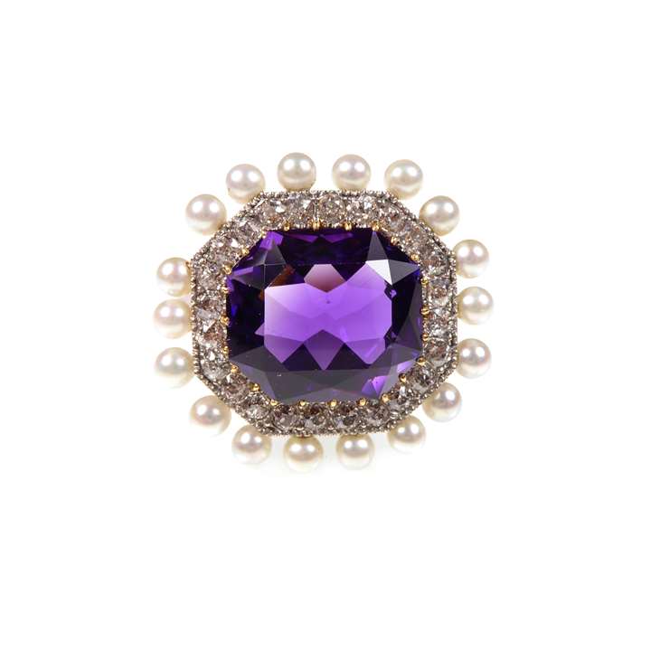 Antique amethyst, diamond and pearl brooch